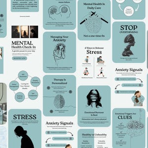 Puede incluir: Una colección de infografías en color turquesa y blanco sobre temas de salud mental. Los gráficos incluyen texto e ilustraciones sobre terapia, ansiedad, estrés y bienestar emocional. La imagen también incluye el texto "Mental Health Check-In".