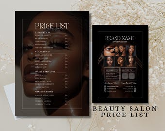May include: Beauty salon price list featuring a dark-toned design. The left side displays a price list for hair, nail, facial, and makeup services. The right side showcases a collage of beauty images and contact information.