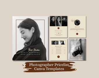 Plantillas de lista de precios para fotógrafos, plantillas de Canva para listas de precios de fotógrafos, letreros para volantes de listas de precios de fotografía, guía de precios