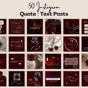 Puede incluir: Una colección de 50 publicaciones de Instagram con citas y texto en una paleta de colores burdeos oscuro. Cada cuadrado presenta texto e imágenes elegantes, incluidas citas, referencias de moda y mensajes inspiradores. El texto incluye frases como "Did You Know" y "The New Era".