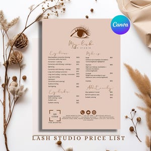 May include: A beige Lash Studio price list with services for eyebrows, makeup, and additional services. The price list includes a QR code and social media contact information. Dried flowers and a gift box are in the background.