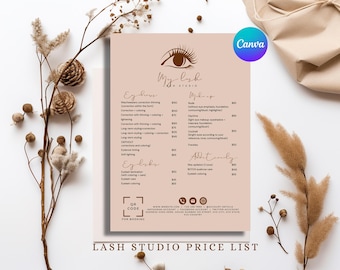 May include: A beige Lash Studio price list with services for eyebrows, makeup, and additional services. The price list includes a QR code and social media contact information. Dried flowers and a gift box are in the background.