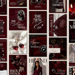 Puede incluir: Una colección de gráficos promocionales en tonos burdeos. Las imágenes presentan texto como "The August Issue", "New Arrival" y "Latest Products". Otras imágenes muestran artículos de moda, cerezas y un cóctel.