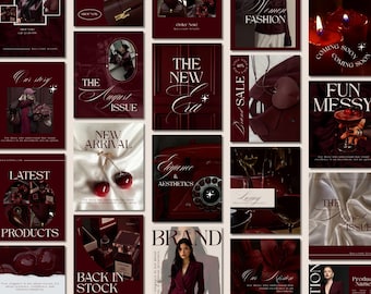 May include: A collection of burgundy-themed promotional graphics. The images feature text like "The August Issue", "New Arrival", and "Latest Products". Other images show fashion items, cherries, and a cocktail.
