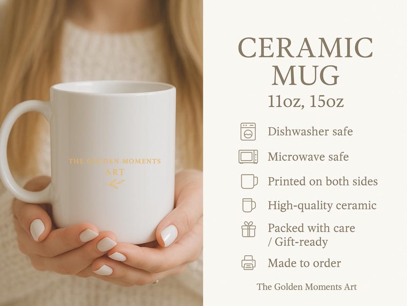 Op de afbeelding: Een witte keramische mok met een oor, vastgehouden door een persoon. De mok heeft de tekst "THE GOLDEN MOMENTS ART" in gouden letters. De afbeelding bevat ook de tekst "CERAMIC MUG" en "11oz, 15oz".