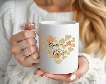 Gepersonaliseerde mok voor koppels met namen | Aangepaste liefde koffiemok | Verjaardag Valentijnscadeau voor hem/haar | Romantische hartmok
