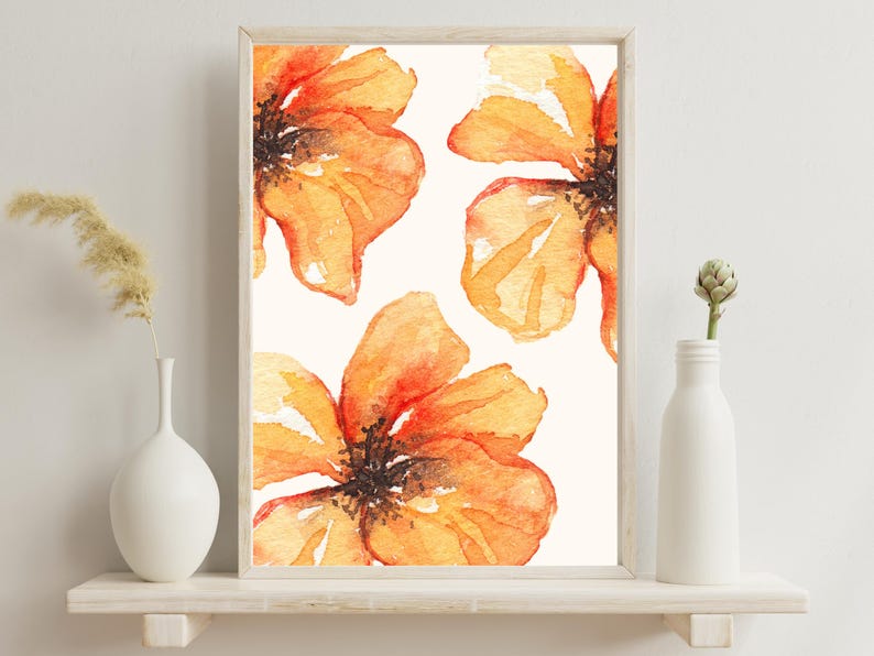 Orange Floral Wall Art | Watercolor Flower Print | Minimalist Botanical ...
