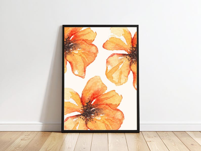 Orange Floral Wall Art | Watercolor Flower Print | Minimalist Botanical ...