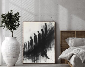 Arte abstracto de silueta humana imprimible / Decoración de pared emocional en blanco y negro