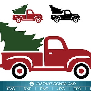 May include: A red pickup truck silhouette carrying a green Christmas tree in the bed. Two smaller versions of the truck are above, one red and one black. The image is a digital download, with file format options listed below.