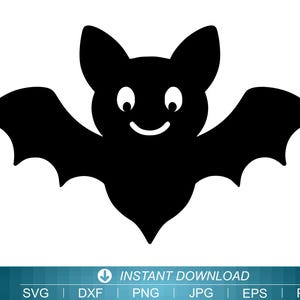 Könnte beinhalten: Schwarze Fledermaus-Silhouette mit lächelndem Gesicht und ausgebreiteten Flügeln. Das Bild enthält den Text "SOFORT-DOWNLOAD" und Dateitypoptionen: SVG, DXF, PNG, JPG, EPS und PDF. Halloween- oder Feiertags-Thema.