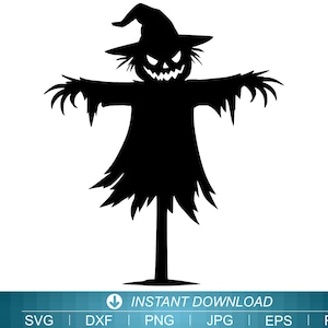 Könnte beinhalten: Eine schwarze Silhouettengrafik einer Vogelscheuche mit breitkrempigem Hut und einem gezackten Gesicht mit dreieckigen Augen sowie einem breiten, zahnigen Grinsen. Die Figur hat ausgefranste Ärmel und einen zerfetzten Saum an einem Pfahl.