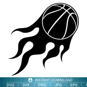 May include: Black and white graphic of a basketball with flames. The basketball has white lines and is surrounded by stylized black flames, giving the impression of speed and motion. The image is a digital design.