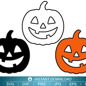 Puede incluir: Tres diseños de calabazas de Halloween: una negra, un contorno blanco y una linterna naranja. Cada calabaza tiene ojos triangulares y una boca sonriente dentada. La imagen incluye el texto "DESCARGA INSTANTÁNEA" y opciones de tipo de archivo.
