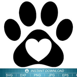 May include: A black paw print design with a white heart in the center. The image is a vector graphic, suitable for digital use. The words "INSTANT DOWNLOAD" are at the bottom.