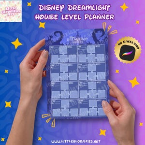 May include: A blue Disney Dreamlight Valley house level planner sheet featuring a grid layout for room organisation. The document includes sections labelled Floor, DLC, and Notes, with a dark blue background decorated with silhouettes of castle spires.