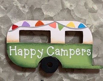 green vintage style wood camper magnet, happy camper magnet, camper gifts, advent calendar fillers for adults, stocking stuffers for women,