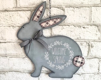 Welcome Spring gray bunny wall hanging, mothers day gift from daughter, farmhouse rabbit, spring decor, primitive bunny, country home decor