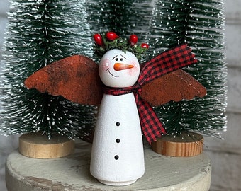 Snowman angel with rusty tin wings, mini snowman figurine, Christmas tiered tray decor, country Christmas decor, shelf sitter, hand painted