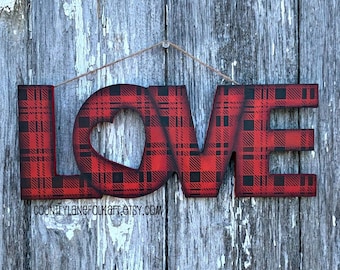 Red and black plaid love wall hanging, Valentines day decor, Valentines day gift, shelf sitter, love sign,