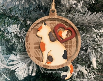 calico cat Christmas ornament, wooden Christmas tree decor, Christmas gifts for cat lovers, country Christmas, hand painted ornament, plaid