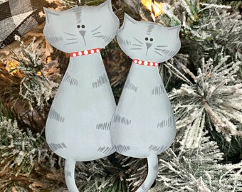 Gray tabby cat wood ornament, secret santa gifts at work, cat lover gift, unique Christmas ornaments, country Christmas, present topper