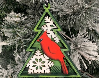 cardinal in tree Christmas ornament, cardinal memorial gift, gifts for birders, wooden Christmas tree decor, hand painted ornaments, unique