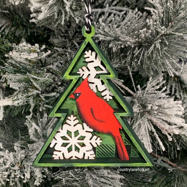 cardinal in tree Christmas ornament, cardinal memorial gift, gifts for birders, wooden Christmas tree decor, hand painted ornaments, unique