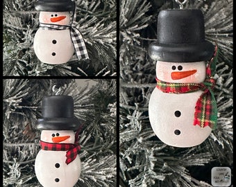 small wooden snowman ornament, mini ornaments, secret Santa gifts at work, country Christmas, unique Christmas ornaments,  hand painted