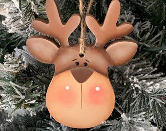 reindeer head ornament, reindeer Christmas ornament, country Christmas, hand painted ornaments Christmas, wooden Christmas tree decor, cute