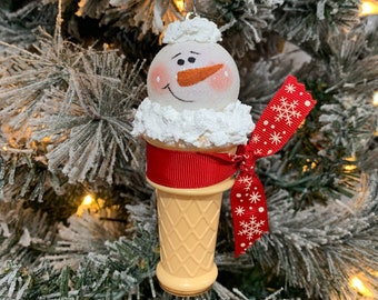 snowman ice cream cone ornament, shatterproof Christmas ornament, hand painted, Christmas tree ornaments, holiday ornaments,