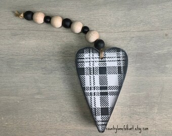 Chunky black and white plaid heart with beads, tiered tray decor valentines day, Valentines day decor,  secret Santa gifts at work