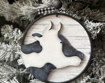 Black and white cow ornament, cow Christmas ornament, country Christmas, gifts for cow lovers, , hand painted, farmhouse Christmas ornament