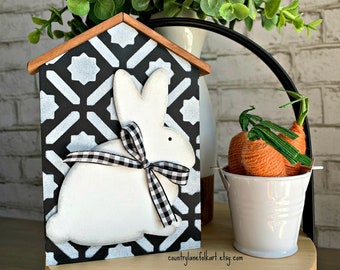 white bunny on black and white house, tiered tray decor, bunny gifts for women, bunny mom gifts, birthday gifts for women, shelf sitter