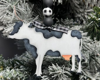 cow christmas ornament, black and white cow, farmhouse ornament, wooden christmas tree decor, hand painted ornaments, country christmas