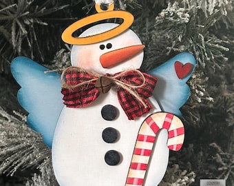 Hand Painted Snowman Angel Ornament, Rustic Wooden Christmas Tree Ornament, Farmhouse Holiday decor, Candy Cane Snowman, gift for coworker