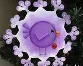 Snowflake ornament, whimsical bird, christmas ornament, bird decor, bird lover, wood snowflake, christmas tree ornament, hand painted,purple