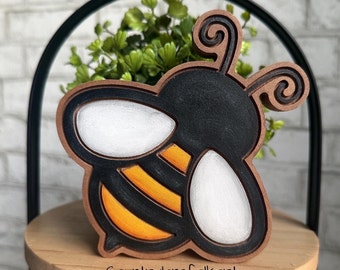 Small bee tiered tray decor, mini shelf sitter, bee gifts, farmhouse bee, tabletop decor, spring decor, bee keeper gifts, wooden bumblebee