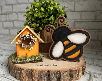 mini bee themed birdhouse, tiered tray decor, bee gifts, small birdhouse shelf sitter, summer decor, bumblebee decor, farmhouse bee, spring