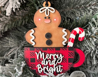 Hand Painted Gingerbread Man wood Christmas tree ornament, Merry and Bright Christmas Decor, farmhouse country, stocking stuffers for women
