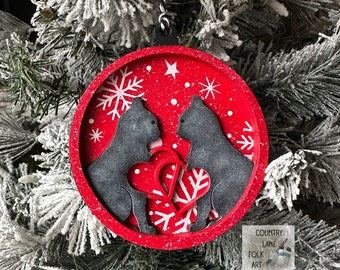 double black cat Christmas ornament, hand painted wood ornaments, Valentine gift for the cat lover, unique Christmas ornaments,