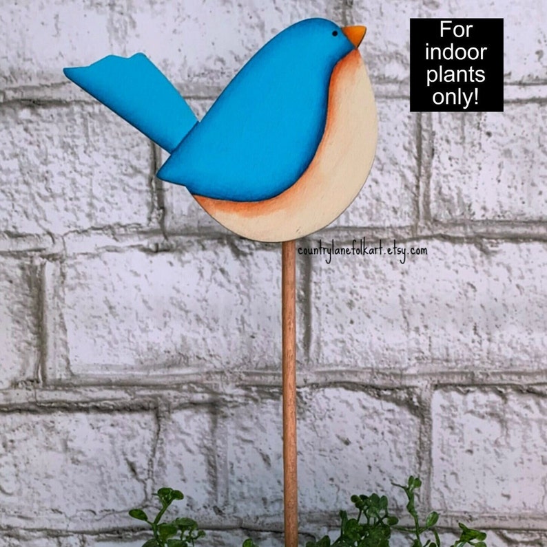 Eastern blue bird indoor plant poke, whimsical plant accessories, gift for bird people, house plant lover gift, plant parent gift, image 1