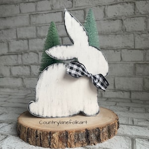 Distressed wooden bunny, tiered tray decor, Easter mantle decor, farmhouse decor, farmhouse rabbit, hostess gift, shelf sitter, housewarming image 1