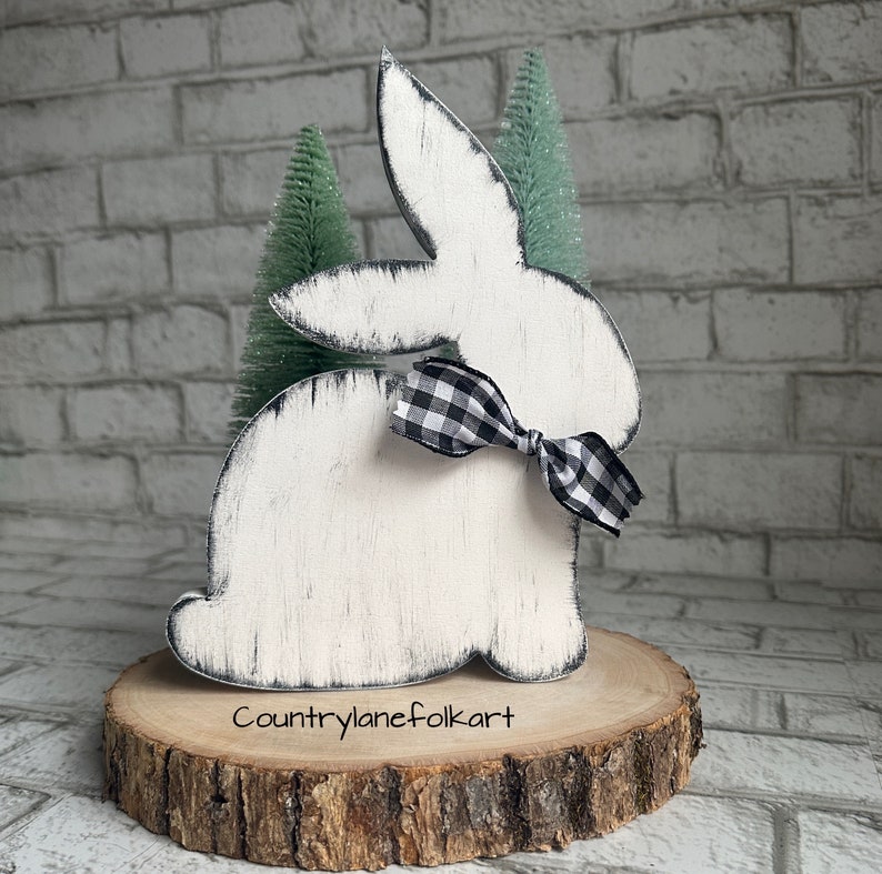 Distressed wooden bunny, tiered tray decor, Easter mantle decor, farmhouse decor, farmhouse rabbit, hostess gift, shelf sitter, housewarming image 1