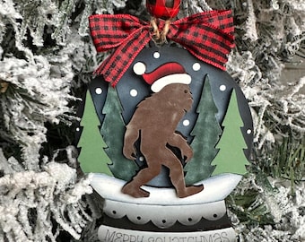 Hand Painted wooden bigfoot Christmas ornament, merry squatchmas, cryptid gifts, stocking stuffers for men, gift for campers, secret Santa