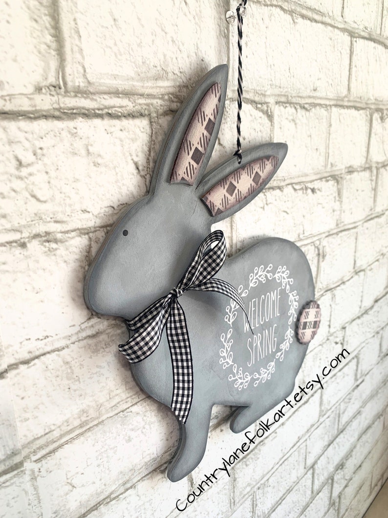 Hand Painted Wood Gray Bunny Sign, Welcome Spring Rabbit, Mothers Day ...