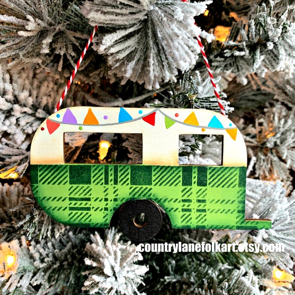 Green plaid wood camper ornament, camper gifts, secret Santa gifts at work, country Christmas, ornament exchange, unique Christmas ornaments