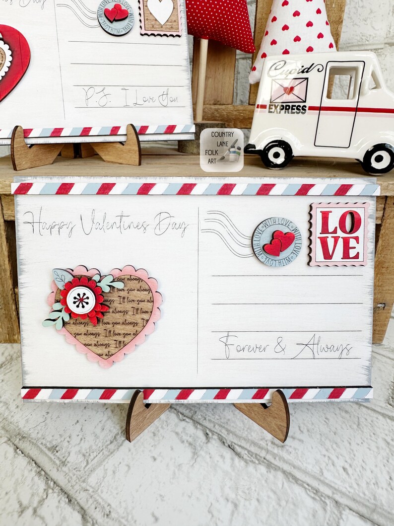 Hand Painted wood decorative postcards, vintage inspired decor, Valentine tiered tray decor, farmhouse shelf sitter, Valentines Gift , love Forever and always