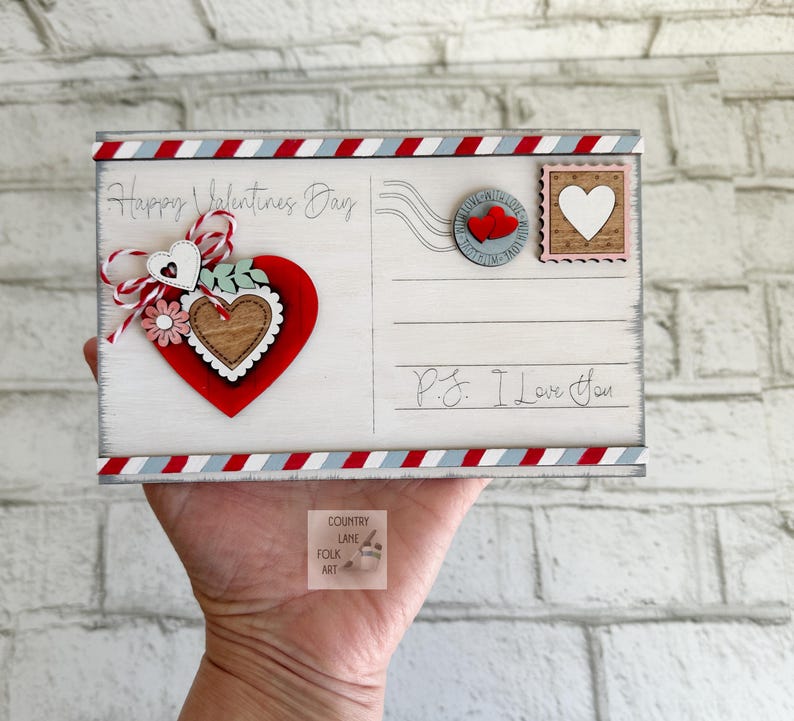 Hand Painted wood decorative postcards, vintage inspired decor, Valentine tiered tray decor, farmhouse shelf sitter, Valentines Gift , love image 14