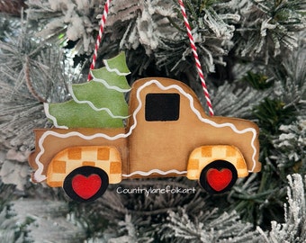 Gingerbread truck ornament, Christmas ornament wooden, country Christmas decor, unique Christmas ornaments, ornament exchange gift,